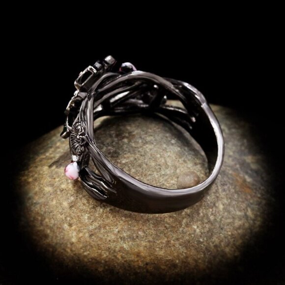 Jewelry ring band flower floral pink red stone black fashion beautiful new - Picture 5 of 5